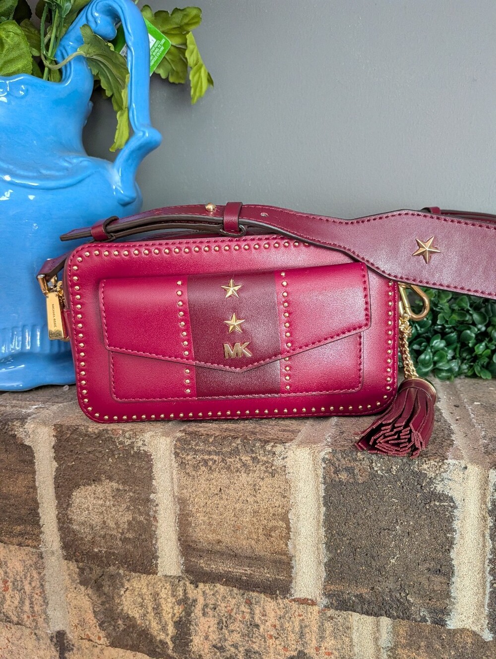 Michael Kors Red Leather Studded Crossbody with Gold Accents
